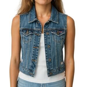 Hollister Women’s XS Denim Vest Blue Jean Button Front Sleeveless 100% Cotton